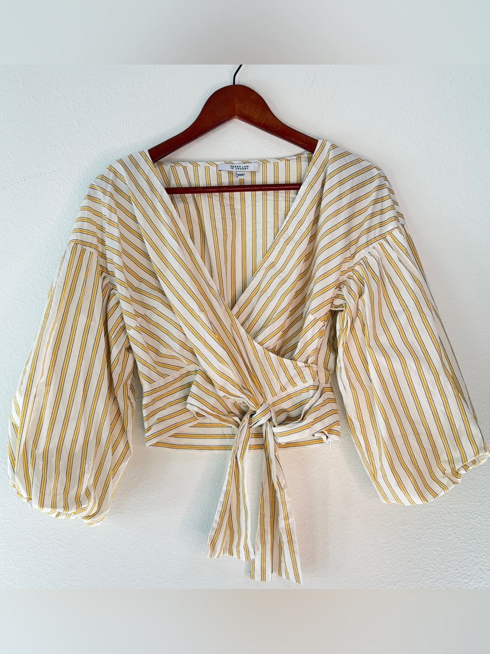 Derek Lam 10 Crosby Wrap Top Preppy Cotton White Yellow Striped Puff Sleeve Crop
